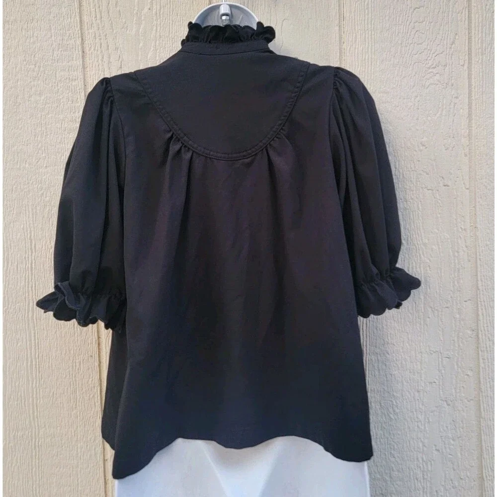Tuckernuck Pomander Selena Blouse Blk Sz S Puff Sleeve Ruffle Collar Preppy